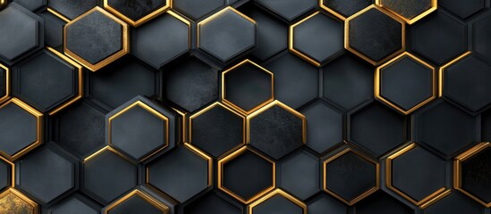 3D wallpaper featuring black and gold hexagon tiles with golden edges