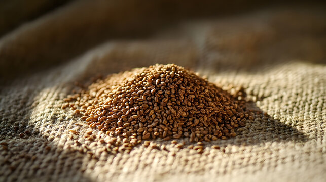 A small pile of cumin seeds on a textured surface, highlighting their fine, earthy texture and subtle brown color.
