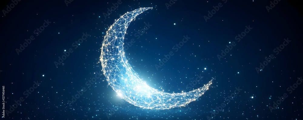 Wall mural a luminous crescent moon is constructed from interconnected points