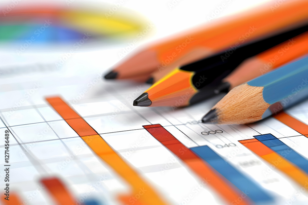 Poster close-up of colored pencils on a graph paper with colorful charts in the background