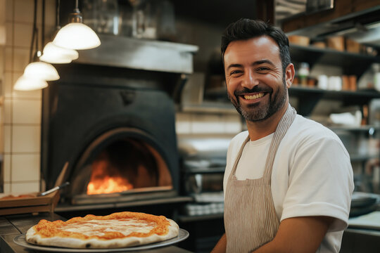 Attractive Italian pizzaiolo smiling welcomingly preparing pizza in pizzeria
