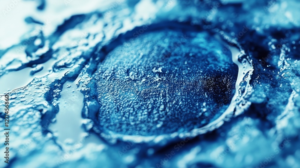 Poster close-up of a textured, blue, spherical object embedded in a liquid-like substance.