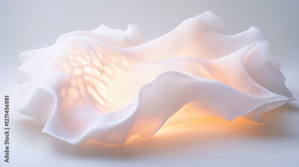 Poster abstract light sculpture with flowing fabric-like texture illuminated from within