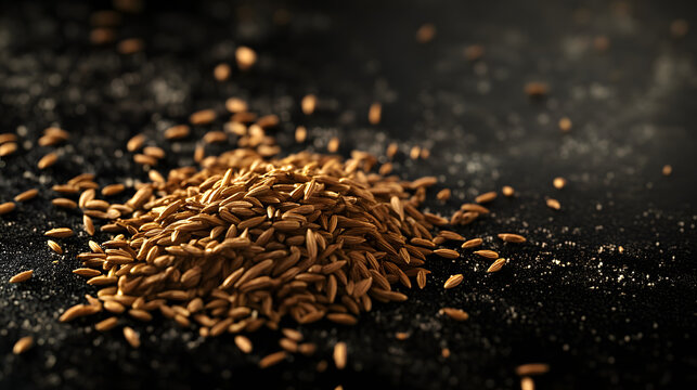 A small pile of cumin seeds scattered on a light background, with their rich brown tones and natural texture standing out.