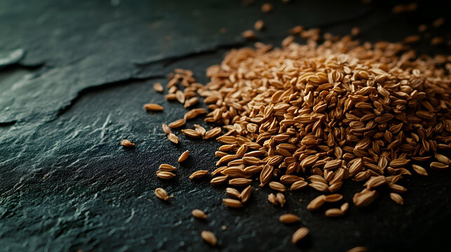 A small pile of cumin seeds scattered on a light background, with their rich brown tones and natural texture standing out.