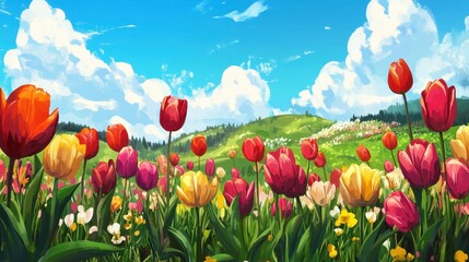 A field of flowers with a blue sky in the background