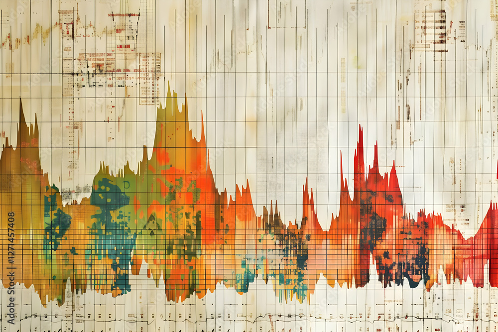 Poster abstract colorful waveform graphic depicting data trends and fluctuations over time