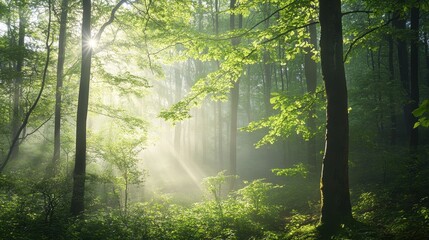 Fototapeta premium A forest with trees and sunlight shining through the leaves