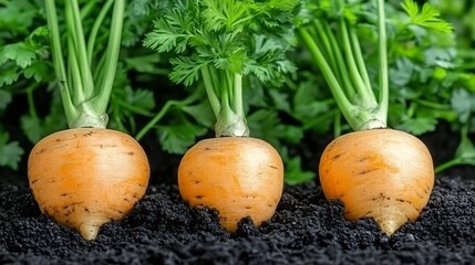 Three plump orange carrots freshly harvested bask in soft sunlight. AI Generated
