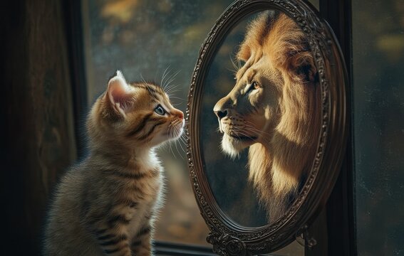 A kitten stares into a vintage mirror, its lion reflection representing transformation, confidence, and hidden majesty.