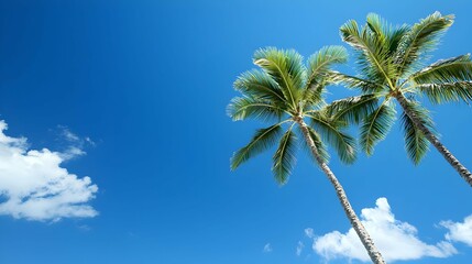 Two Palm Trees Against a Vivid Blue Sky with Fluffy Clouds