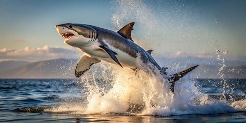 Fototapeta premium Majestic Great White Shark Leaps from Ocean Depths in a Breathtaking Display of Power and Grace During Golden Hour