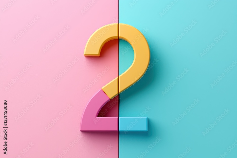 Poster a colorful, stylized number two displayed against a split background of pink and blue, creating a pl