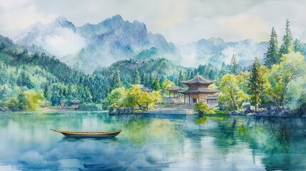 Fototapeta premium Lake and mountain landscape in chinese style background. Japanese watercolor painting with green hills, trees, chinese temples, boat in mist. Oriental wallpaper design for wall art, print, decor.
