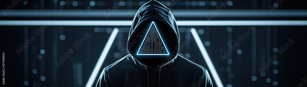 Poster a mysterious figure in a hooded cloak stands against a futuristic backdrop, featuring a glowing tria