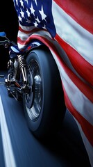 Naklejka premium Motorcycle with American Flag Waving Freedom on the Open Road Patriotism Symbolic Journey