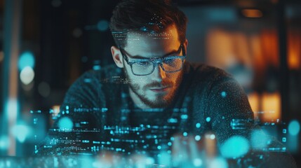 Hacker at desktop using computer with creative glowing coding big data interface on dark interior background. Technology and futuristic network. Double exposure