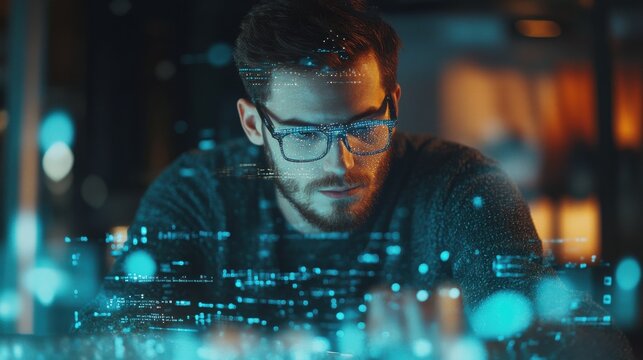 Hacker at desktop using computer with creative glowing coding big data interface on dark interior background. Technology and futuristic network. Double exposure