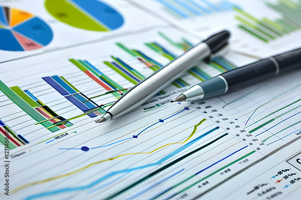 Poster close-up of business graphs and charts with pens on a desk, illustrating data analysis and trends