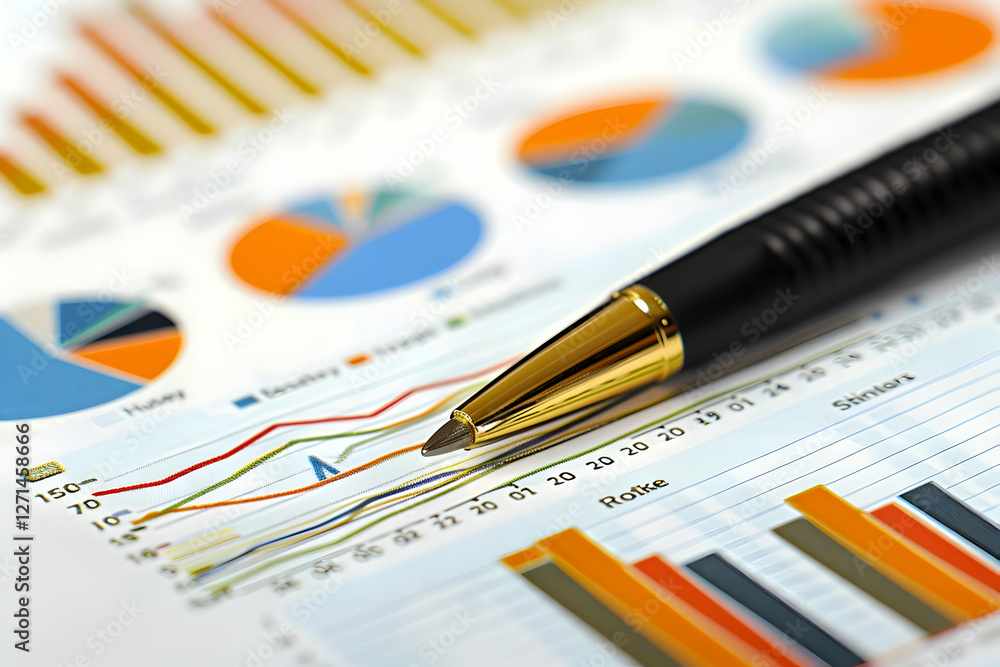 Poster close-up of a pen on a financial report showing various colorful charts and graphs