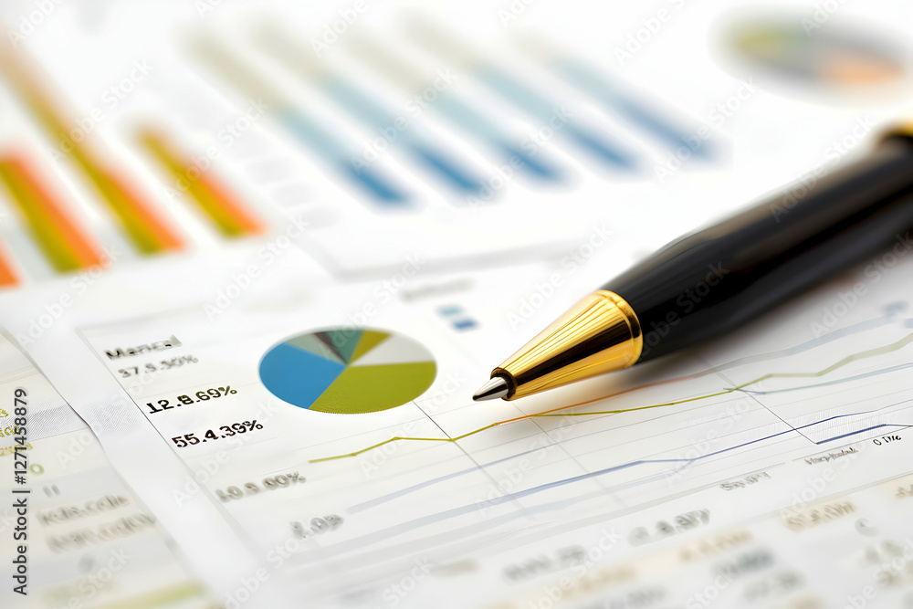 Poster close-up of a pen resting on financial reports with colorful graphs and charts indicating data analy