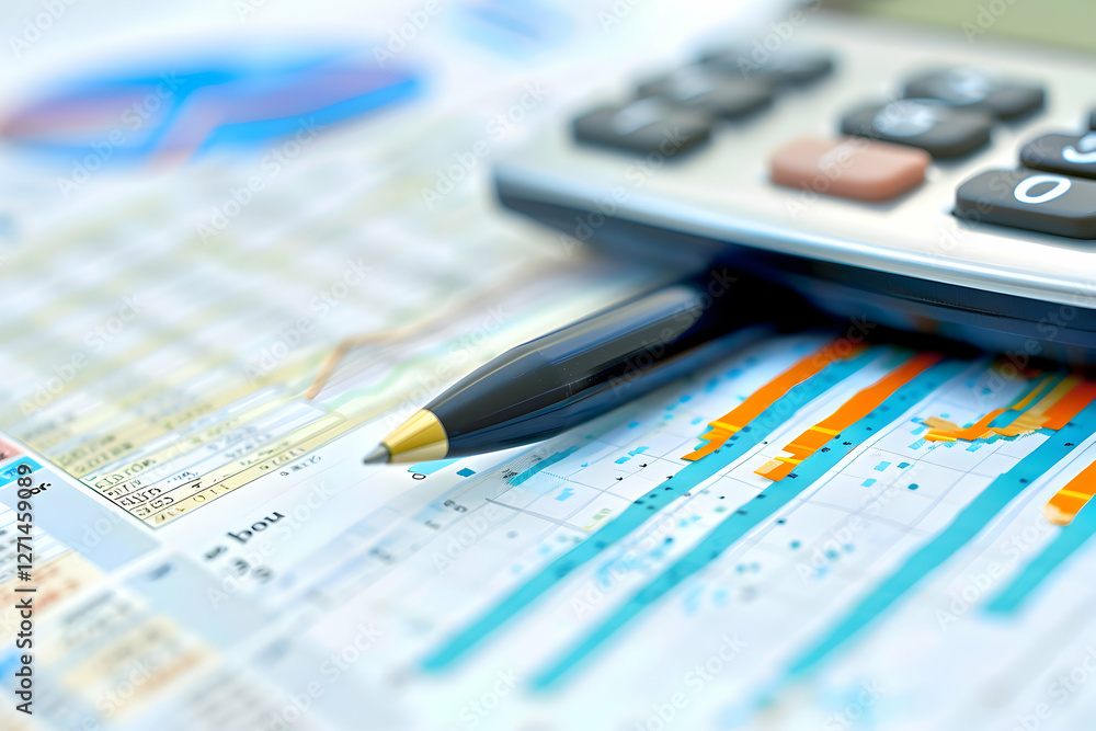 Poster close-up of a calculator and pen on financial charts and reports with colorful graphs and data
