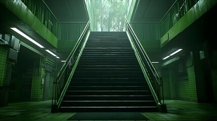 Fototapeta premium Dark Green Illuminated Stairwell Interior