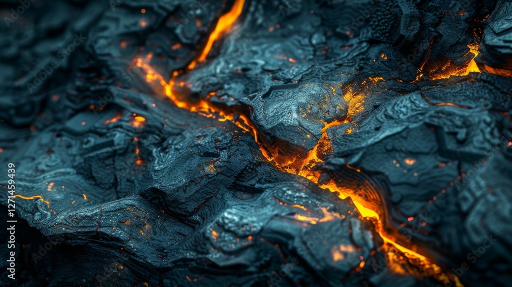 Poster glowing lava streams snake through the dark, rugged volcanic rock, highlighting unique textures and 