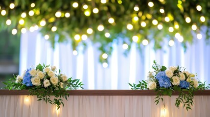 Elegant floral arrangements with soft blue and white flowers, adorned under twinkling lights, create a romantic ambiance for a wedding or special event.