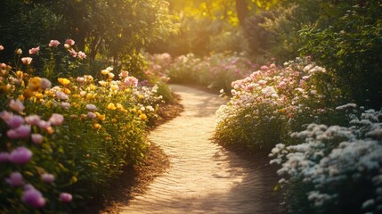 A path through a garden with flowers and trees