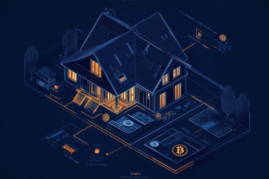 A modern, illuminated house illustration with Bitcoin symbols, showcasing a blend of home and cryptocurrency elements in a dark, stylish design.