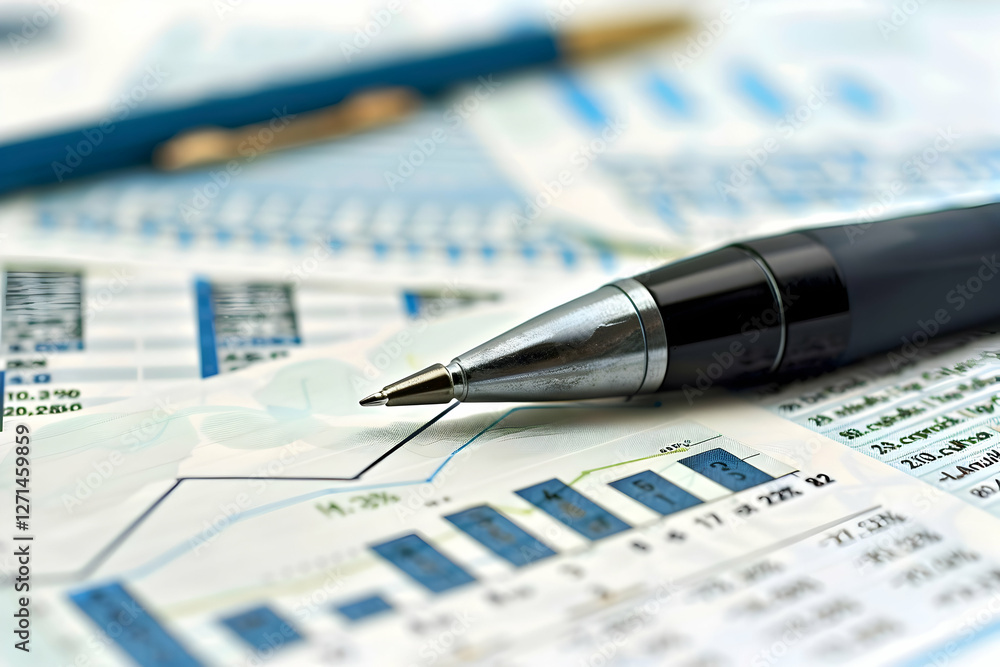 Poster close-up of a pen resting on financial reports with graphs and data sheets in the background
