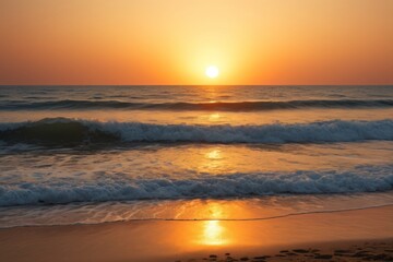 sunset over the ocean with waves and a surfer in the foreground