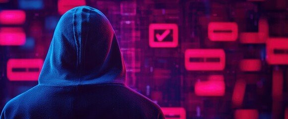 A mysterious figure in a hoodie stands before a vibrant digital backdrop with checkmarks, symbolizing cybersecurity or hacking themes.