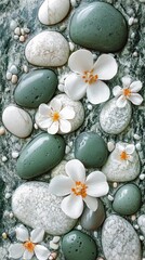 Close-up arrangement of white Frangipani flowers and polished stones on a textured surface