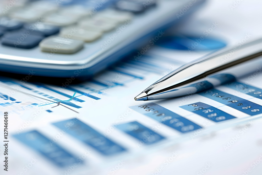Poster close-up of a calculator and pen on financial documents with graphs and charts, symbolizing analysis