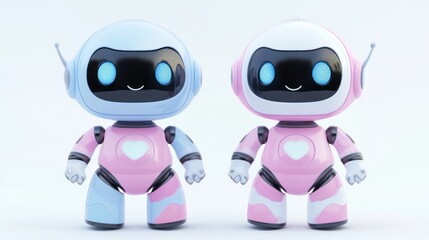 Two cute robots, one light blue and one white, with pink accents and hearts, standing side-by-side.