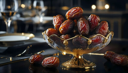 Dates In Elegant Glass Bowl With Gold Accents