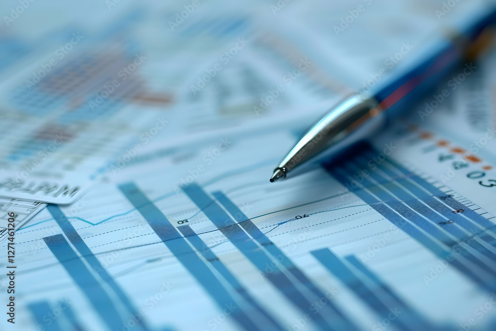 Poster close-up of a pen resting on a detailed financial report with colorful graphs and charts (2)