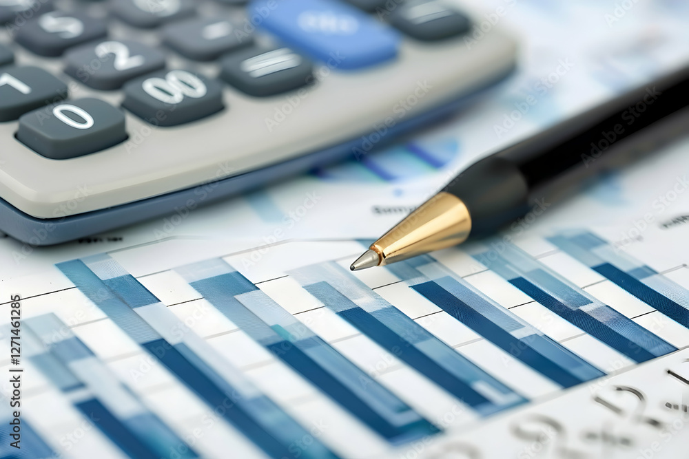 Aufkleber close-up of a calculator and pen on a financial report with blue bar graphs and data analysis
