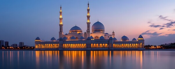 Fototapeta premium Majestic mosque reflects in calm water during twilight hours