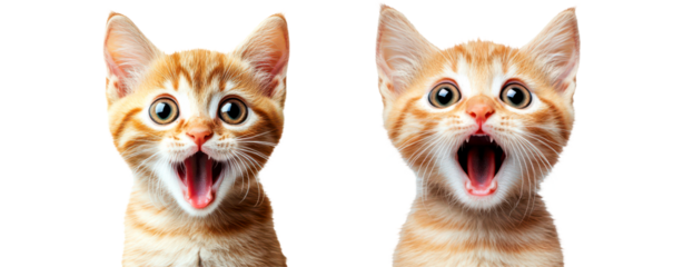 Playful Baby Ginger Cats with Open Mouths Expressing Surprise and Joy Isolate on Transparent Background, cutout, png