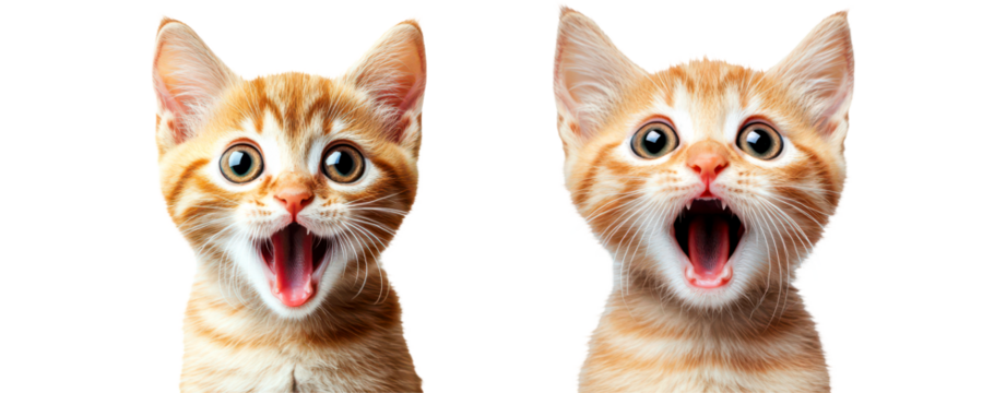 Playful Baby Ginger Cats with Open Mouths Expressing Surprise and Joy Isolate on Transparent Background, cutout, png