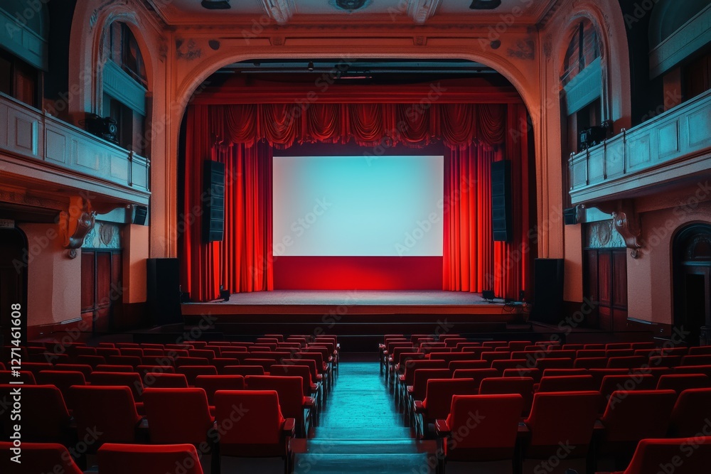 Poster empty theater with red curtains and a blank screen ready for a performance at night