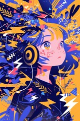 Naklejka premium Girl with headphones, abstract art, music, listening, vibrant colors, youth culture, digital illustration