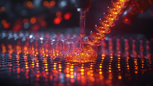 Robotic arm filling vials with glowing orange liquid in a futuristic lab setting.