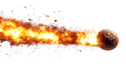Fiery Meteor Traveling Through Space with Flames and Smoke Isolate on Transparent Background, cutout, png