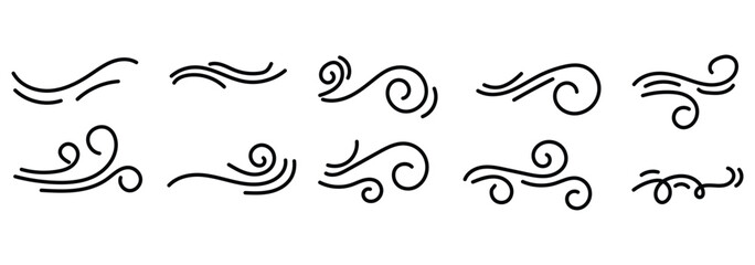 Doodle wind line sketch set. Hand drawn doodle wind motion, air blow, swirl elements. Sketch drawn air blow motion, smoke flow art, abstract line. Isolated on white background . vector design eps 10.
