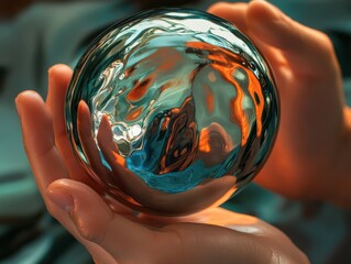 Artistic close-up of hands holding a chrome sphere, distorted reflections creating surreal patterns