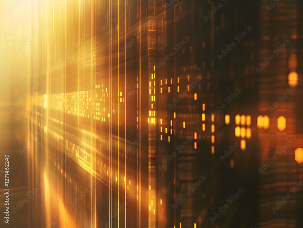 Poster abstract light patterns with golden hues creating a dynamic background effect in a digital space
